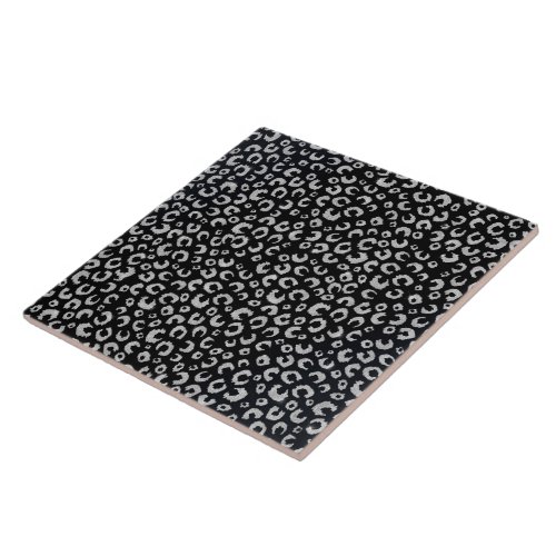 Elegant Black Silver Glitter Leopard Pattern Ceramic Tile