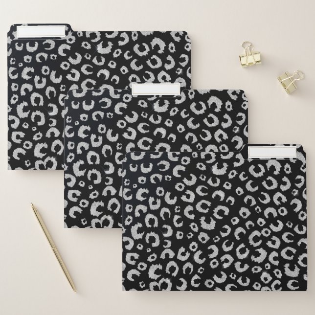 Elegant Black Silver Glitter Leopard Pattern File Folder (Set)