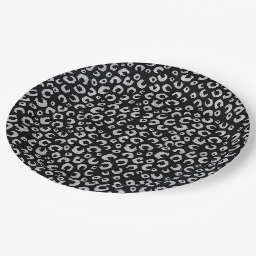 Elegant Black Silver Glitter Leopard Pattern Paper Plates