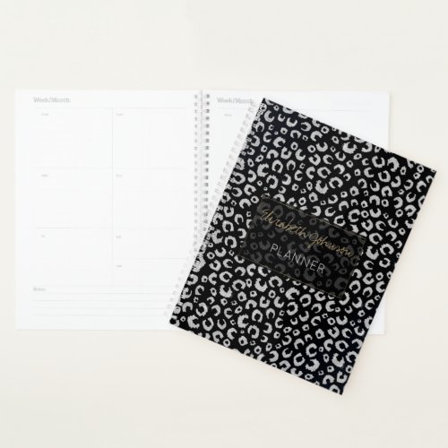 Elegant Black Silver Glitter Leopard Pattern Planner