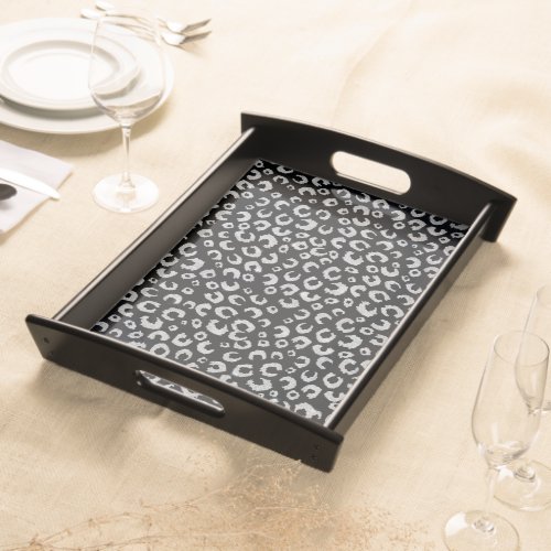 Elegant Black Silver Glitter Leopard Pattern Serving Tray