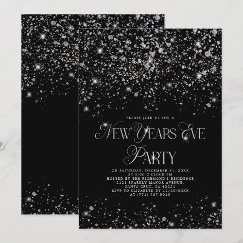 Elegant Black Silver Glitter New Years Eve Party Invitation