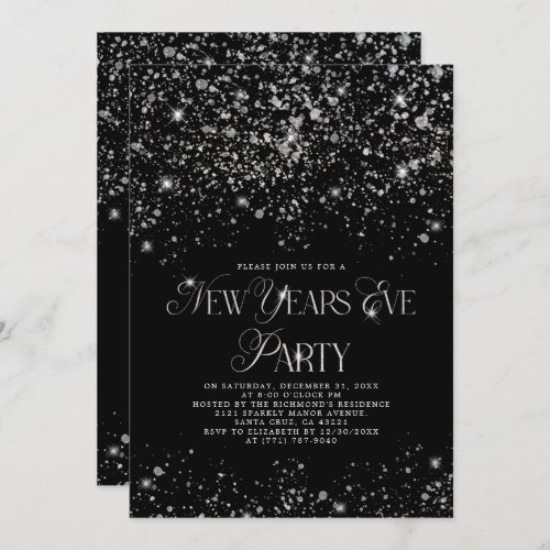 Elegant Black Silver Glitter New Years Eve Party Invitation
