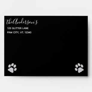 Elegant Black Silver Glitter Paw Print Puppy Envelope