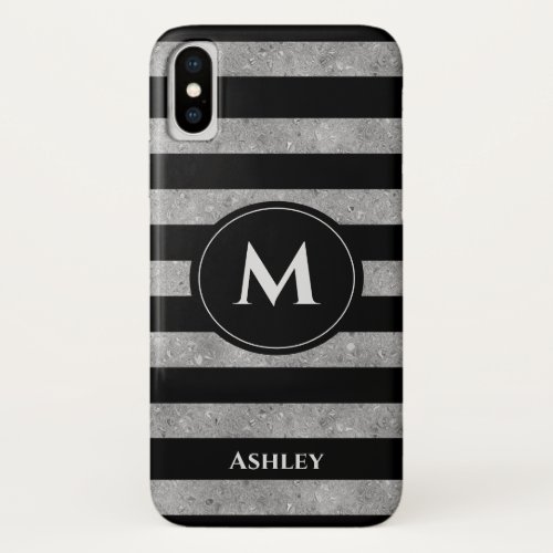 Elegant Black Silver Glitter Striped Monogram iPhone X Case