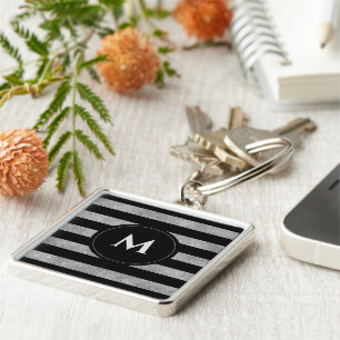 Elegant Black Silver Glitter Striped Monogram Keychain