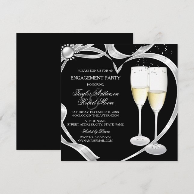 Elegant Black Silver & Gold Engagement Party Invitation (Front/Back)