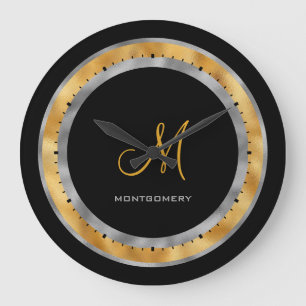 Elegant Black Silver Gold Foil Custom Monogram Large Clock