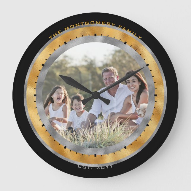 Elegant Black Silver Gold Foil Custom Name Photo Large Clock (Front)