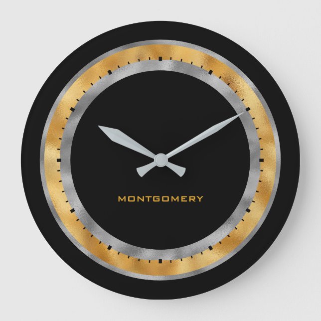 Elegant Black Silver Gold Foil Personalized Large Clock (Front)