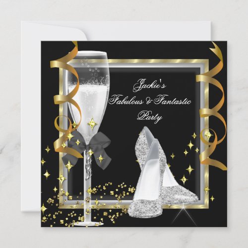 Elegant Black Silver Gold Womens Birthday Party Invitation