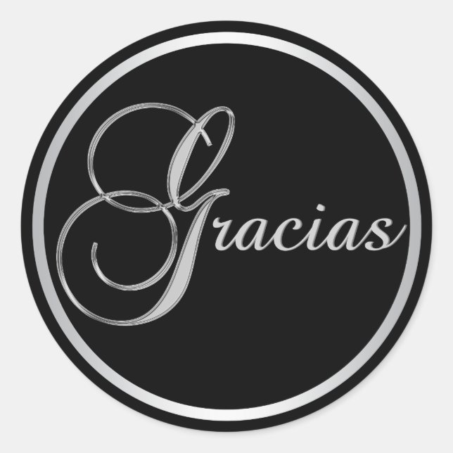 Elegant Black Silver GRACIAS Envelope Favor Classic Round Sticker (Front)