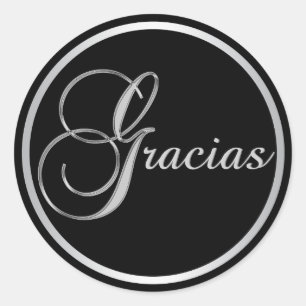 Elegant Black Silver GRACIAS Envelope Favor Classic Round Sticker