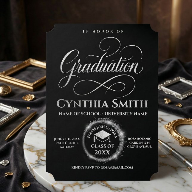 Elegant Black & silver Graduation  Invitation (#graduationcalligraphy #roundsilver #silvergraduation #blackandwhite #luxurygraduationinvitation)