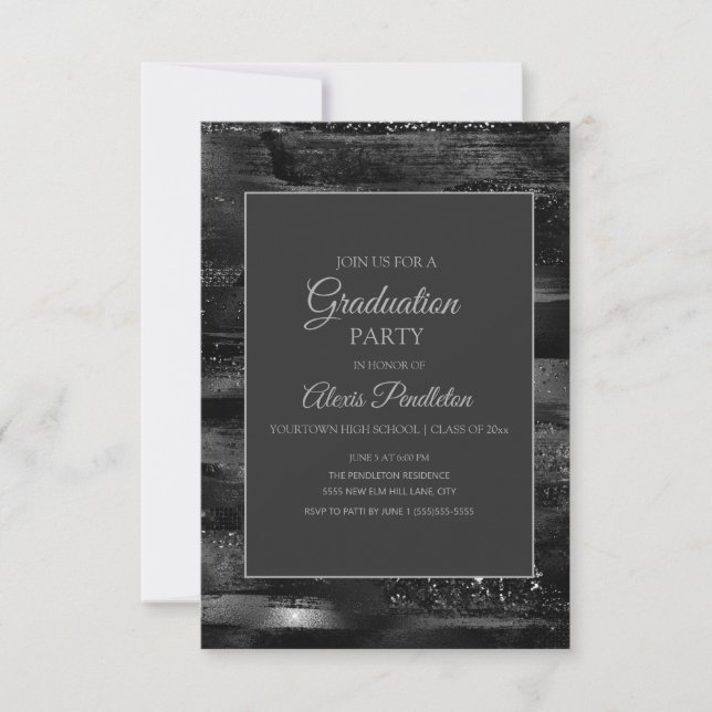 Elegant Black Silver Graduation Invitation (Front)