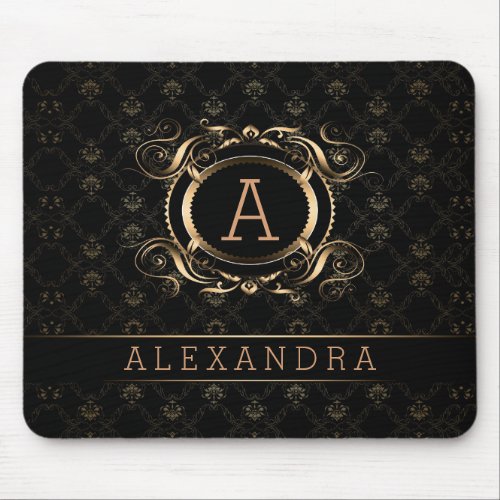 Elegant Black  Silver Gray Baroque Floral Frame Mouse Pad