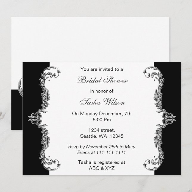 Elegant black silver gray Bridal Shower Invites (Front/Back)