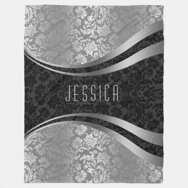 Elegant Black & Silver Gray Floral Damasks Fleece Blanket (Front)