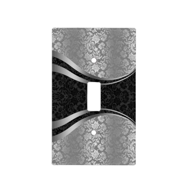 Elegant Black & Silver Gray Floral Damasks Light Switch Cover (Front)