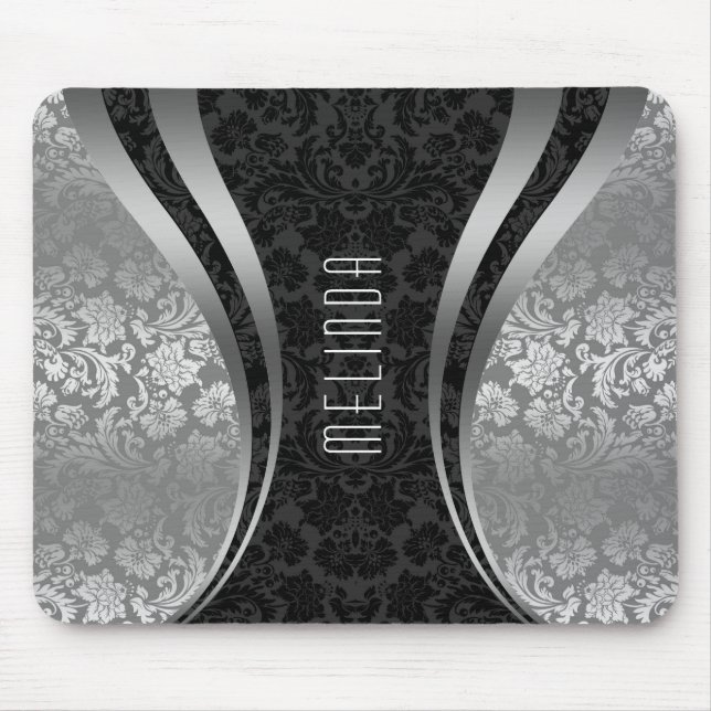 Elegant Black & Silver Gray Floral Damasks Mouse Pad (Front)