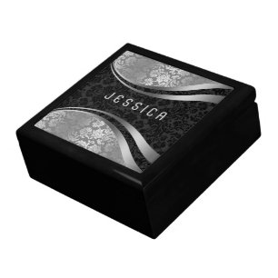 Elegant Black & Silver Gray Floral Damasks Pattern Gift Box