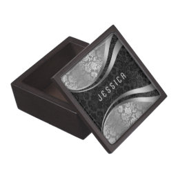 Elegant Black &amp; Silver Gray Floral Damasks Pattern Jewelry Box