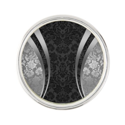 Elegant Black  Silver_Gray Floral Damasks Pattern Lapel Pin