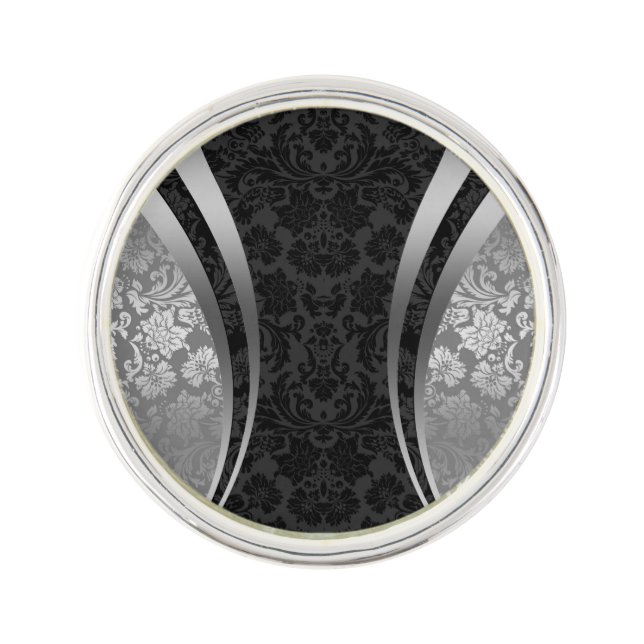 Elegant Black & Silver-Gray Floral Damasks Pattern Lapel Pin (Front)