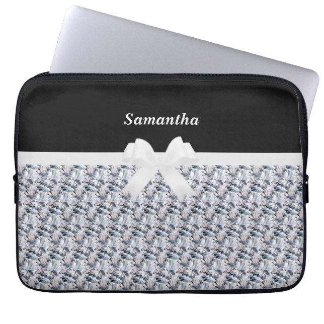 Elegant Black & Silver Gray Fractal Diamond Laptop Sleeve (Front)