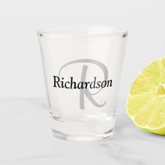 Elegant Black Silver Gray Monogram Name Shot Glass (Front)