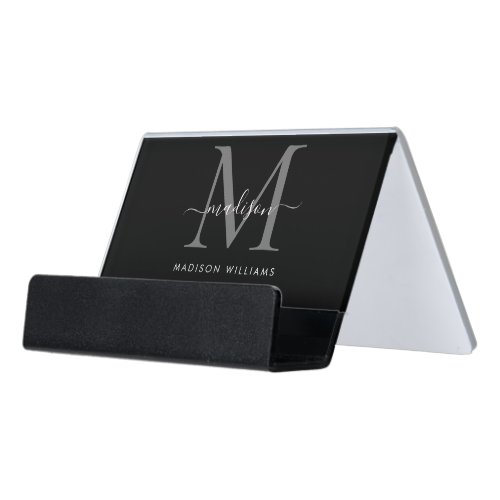 Elegant Black Silver Gray Monogram Script Name Desk Business Card Holder