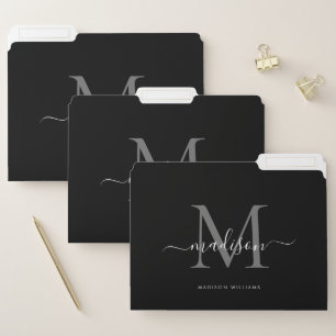 Elegant Black Silver Gray Monogram Script Name File Folder