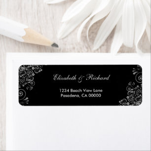 Elegant Black Silver Gray Swirls wedding Return Label
