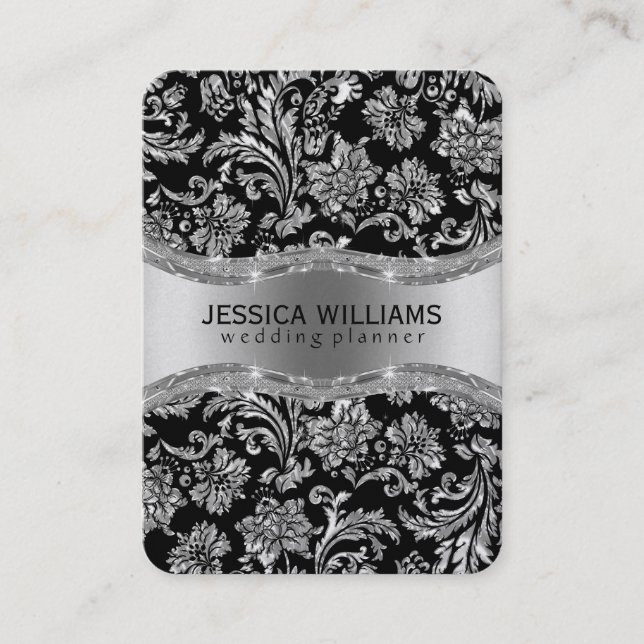 Elegant Black & Silver Gray Vintage Damasks Business Card (Front)