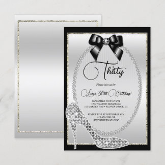 Elegant Black Silver Jewel Bow & Stiletto Birthday Invitation