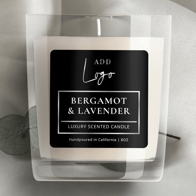 Elegant Black Silver Logo Candle Jar Product Label (Elegant square product label with faux silver effects and your brand logo)