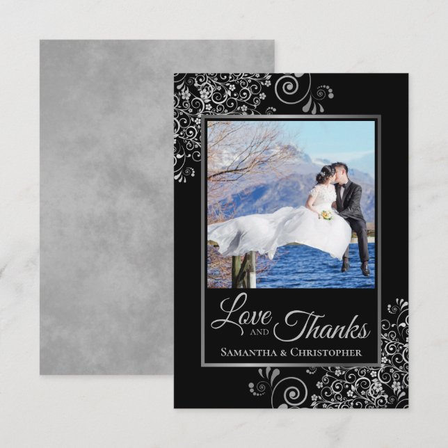 Elegant Black & Silver Love & Thanks Wedding Thank You Card (Front/Back)