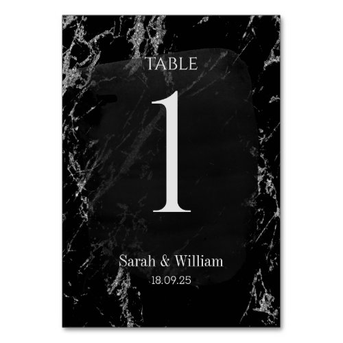 Elegant Black  Silver Marble Wedding Table Number