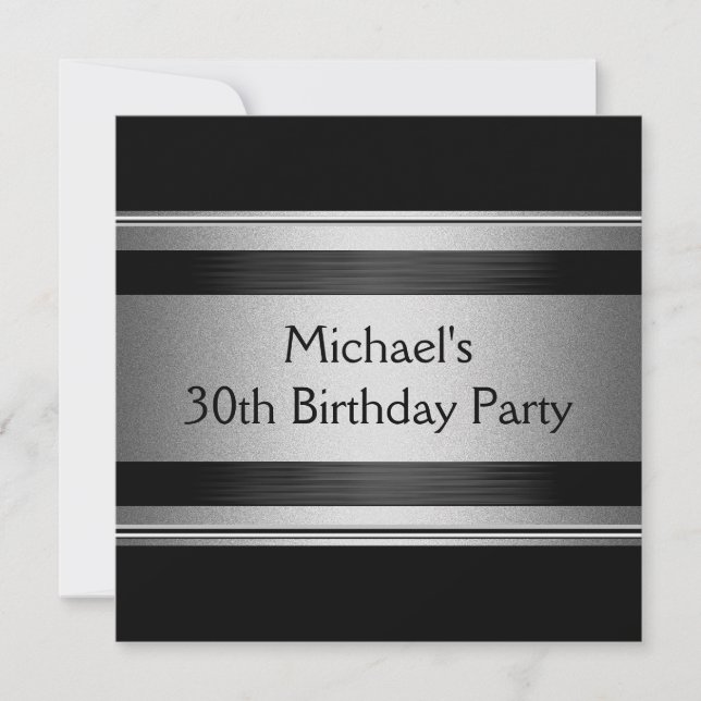 Elegant Black & Silver Metal 30th Birthday Party Invitation (Front)