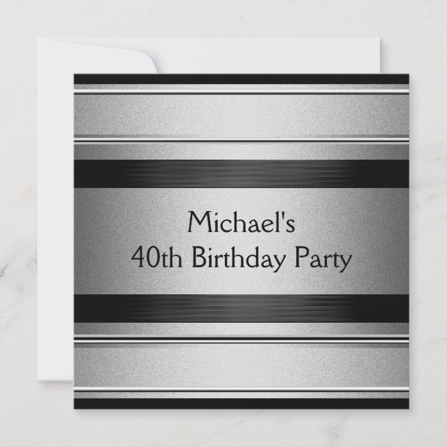 Elegant Black & Silver Metal 40th Birthday Party Invitation (Front)