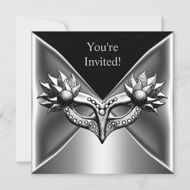Elegant Black Silver Metal Mask Event Party 2 Invitation (Front)