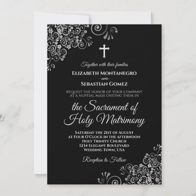 Elegant Black & Silver Modern Catholic Wedding Invitation (Front)