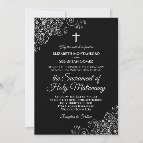 Elegant Black  Silver Modern Catholic Wedding Invitation