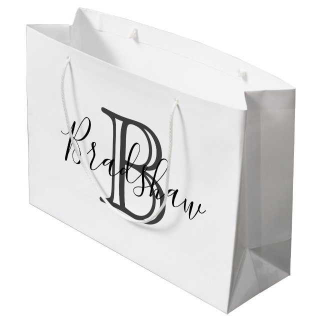 Elegant Black Silver Monogram Custom Name Birthday Large Gift Bag (Back Angled)