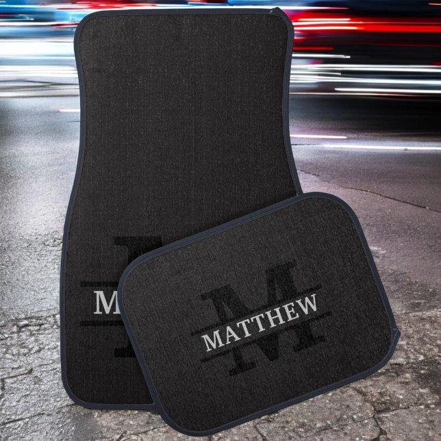 Elegant Black Silver Monogram Custom Name Car Floor Mat (Creator Uploaded)