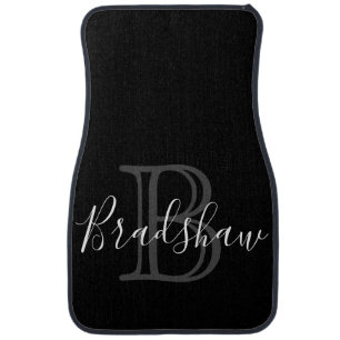 Elegant Black Silver Monogram Custom Name Car Floor Mat