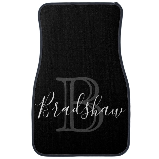 Elegant Black Silver Monogram Custom Name  Car Floor Mat (Front)