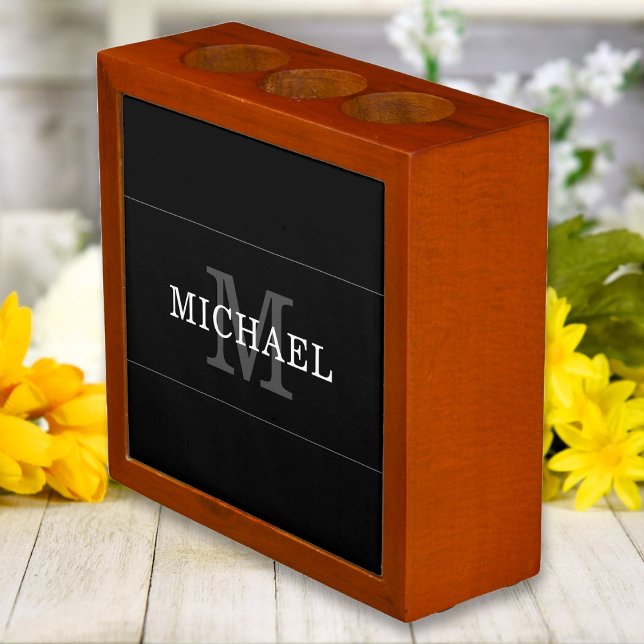 Elegant Black Silver Monogram Custom Name Desk Organizer (Creator Uploaded)