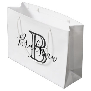 Elegant Black Silver Monogram Custom Name  Large Gift Bag