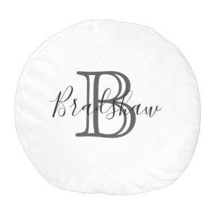 Elegant Black Silver Monogram Custom Name  Pouf